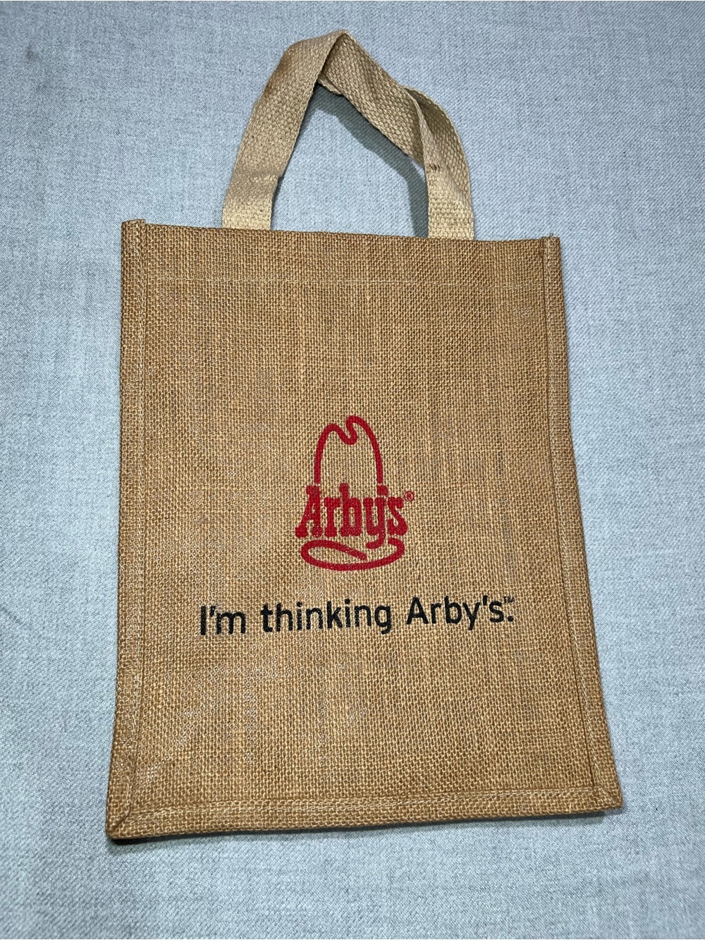 EUC Arby's Jute Tote Bag with Red Logo - “I’m Thinking Arby’s”